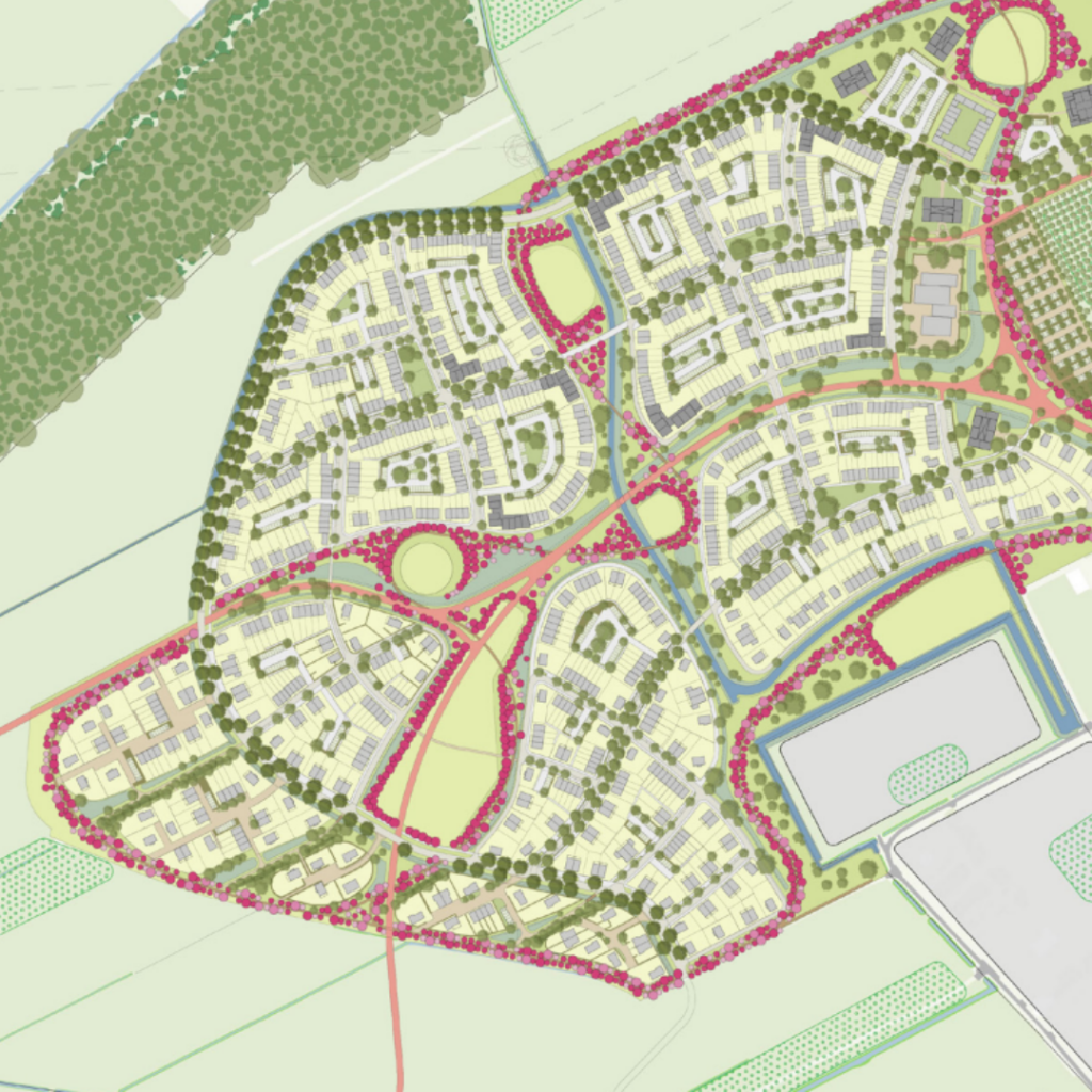 Plattegrond van de nieuwbouwwijk ten westen van Odijk en ten zuiden van het Raaphofse bos. Op de kaart is veel groen te zien, een wandellint en rode fietspaden.