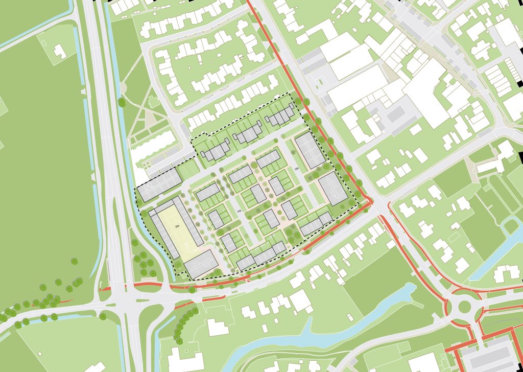 Plattegrond van Entree Zuid, ingeklemd tussen de Singel, de Zeisterweg en de N229 in Odijk. Een groene wijk met 230 woningen, veel appartementen.