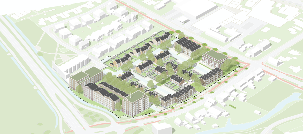 3D-beeld van Entree Zuid, ingeklemd tussen de Singel, de Zeisterweg en de N229 in Odijk. Een groene wijk met 230 woningen, veel appartementen.