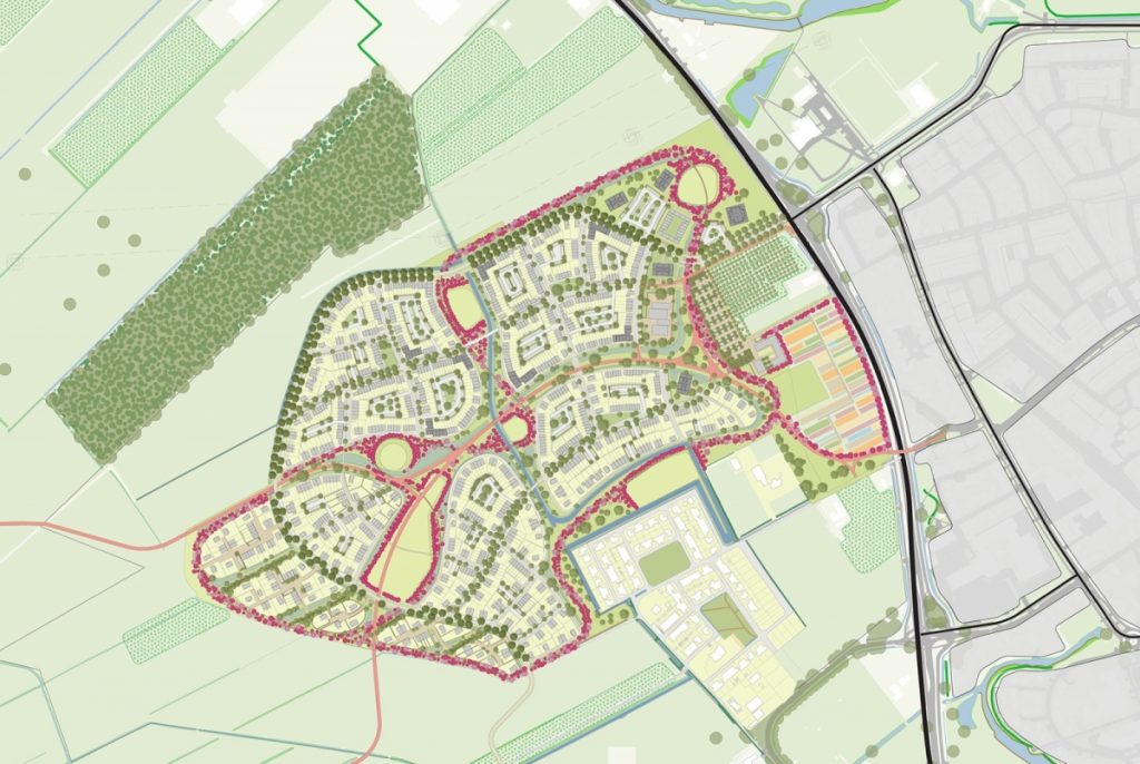 Kaart van Kersenweide, ten westen van Odijk. Ingeklemd tussen het Raaphofse bos en bestaand Odijk.