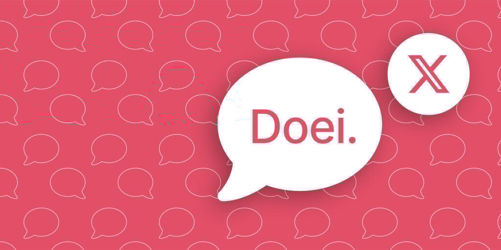 X-beeldmerk en de tekst 'Doei' in een tekstwolkje ernaast.