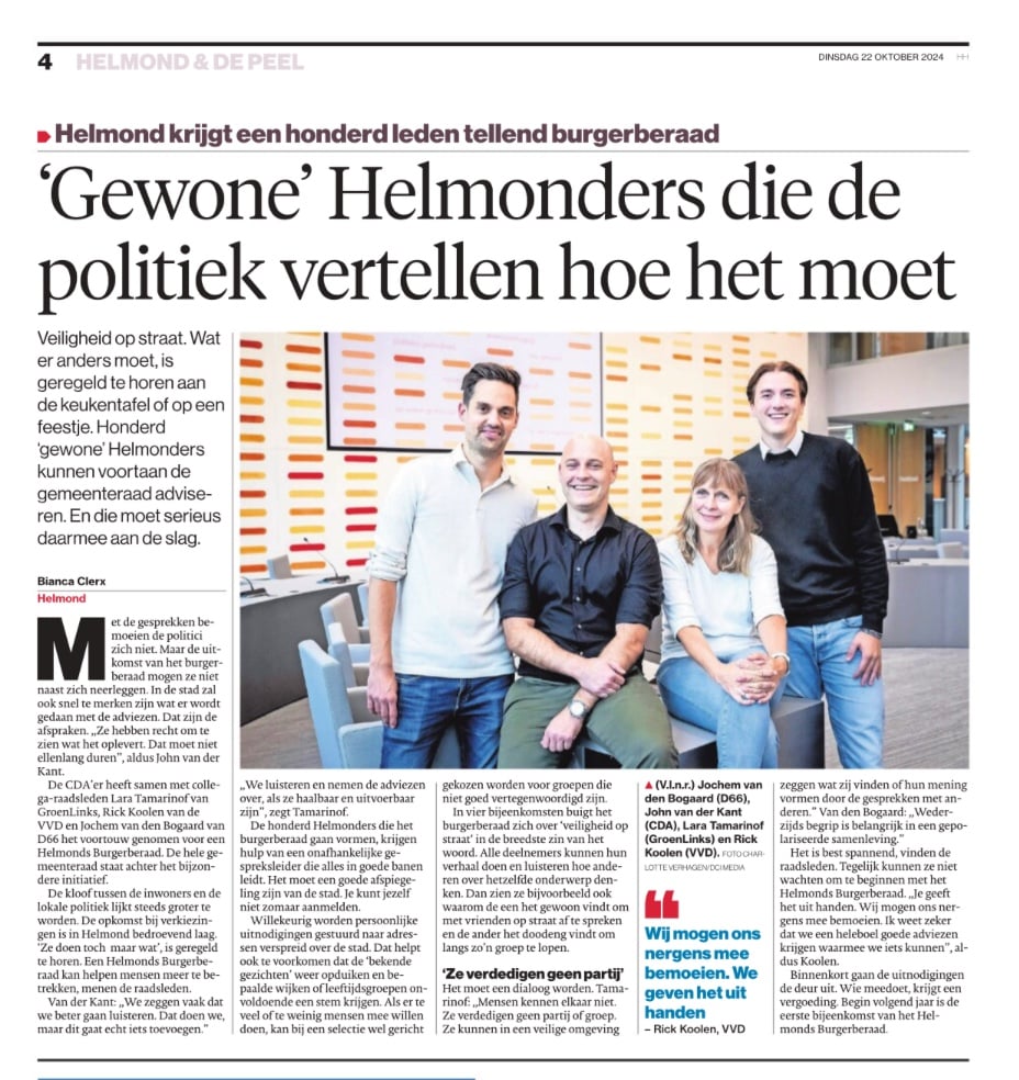 Artikel over Burgerberaad in Eindhovens Dagblad 22 Oktober 2024