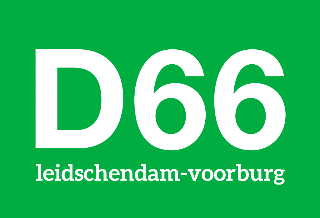 D66 Leidschendam Voorburg in grote witte letters op een groene achtergrond