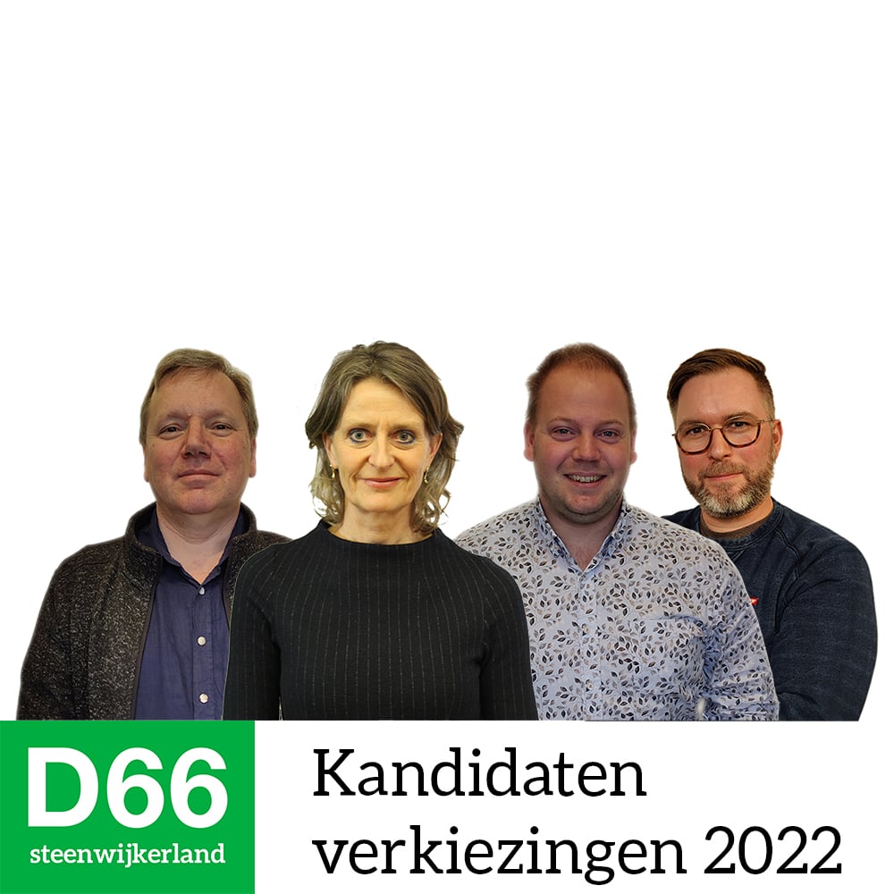 Een foto van de vier kandidaten voor D66 Steenwijkerland met de gemeenteraadsverkiezingen 2022.