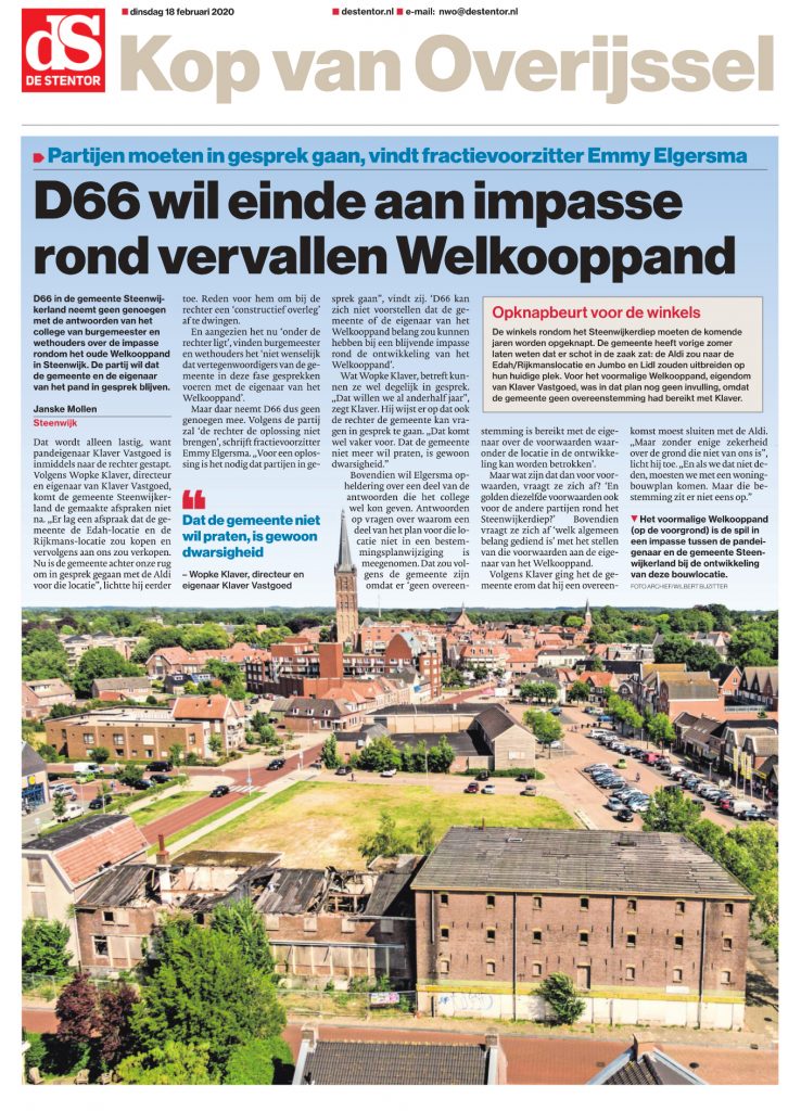 Een artikel in De Stentor over het Welkooppand in Steenwijk.