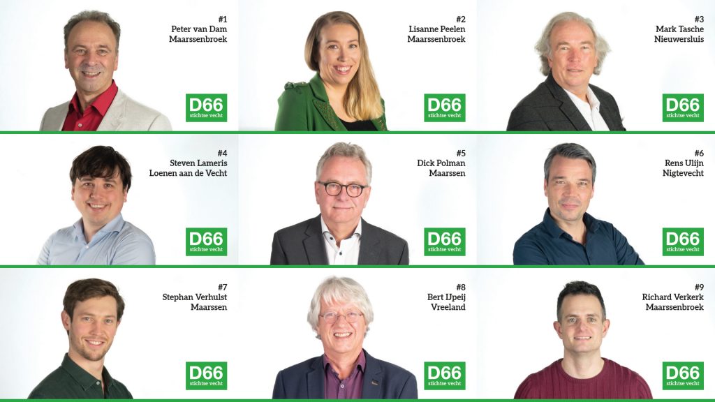 Collage van de top 9 van de kandidatenlijst van D66 Stichtse Vecht voor de gemeenteraadsverkiezingen van maart 2022