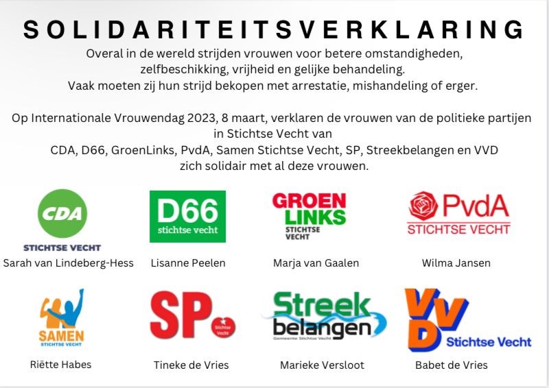 Solidariteitsverklaring van de stichtse vechtse politiek partijen CDA, D66, Groenlinks, PvdA, Samen Stichtse Vecht, SP, Streekbelangen en VVD met vrouwen die internationaal strijden voor zelfbeschikking, vrijheid en gelijke behandeling.